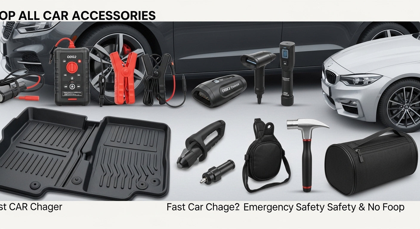 Shop all car accessories and tools banner with jump starter, tire inflator, OBD2 scanner, charger, and car essentials