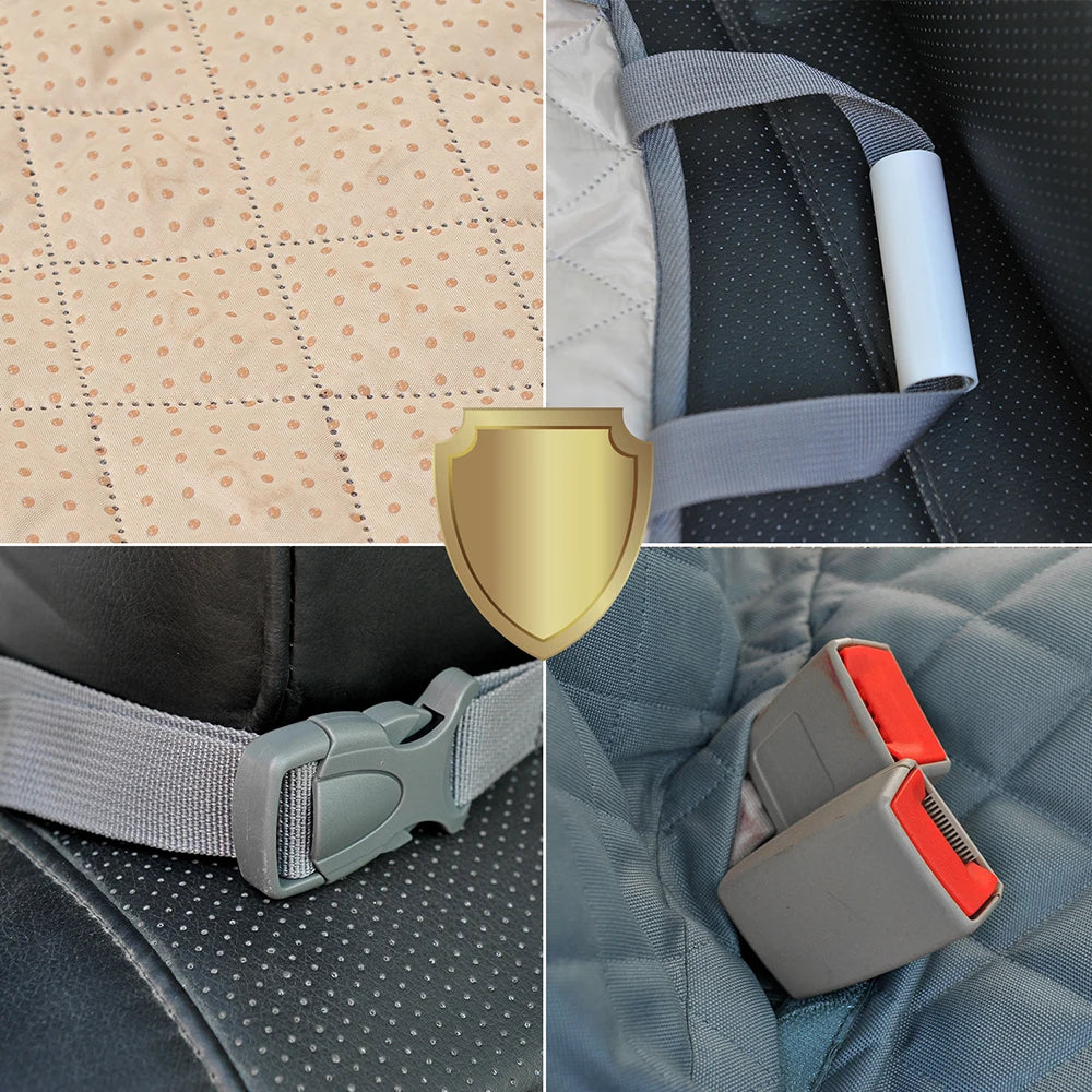 Collage of seat belt and car seat components with a shield icon.