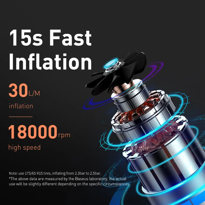 High-speed inflation device with propeller and technical specifications on a dark background