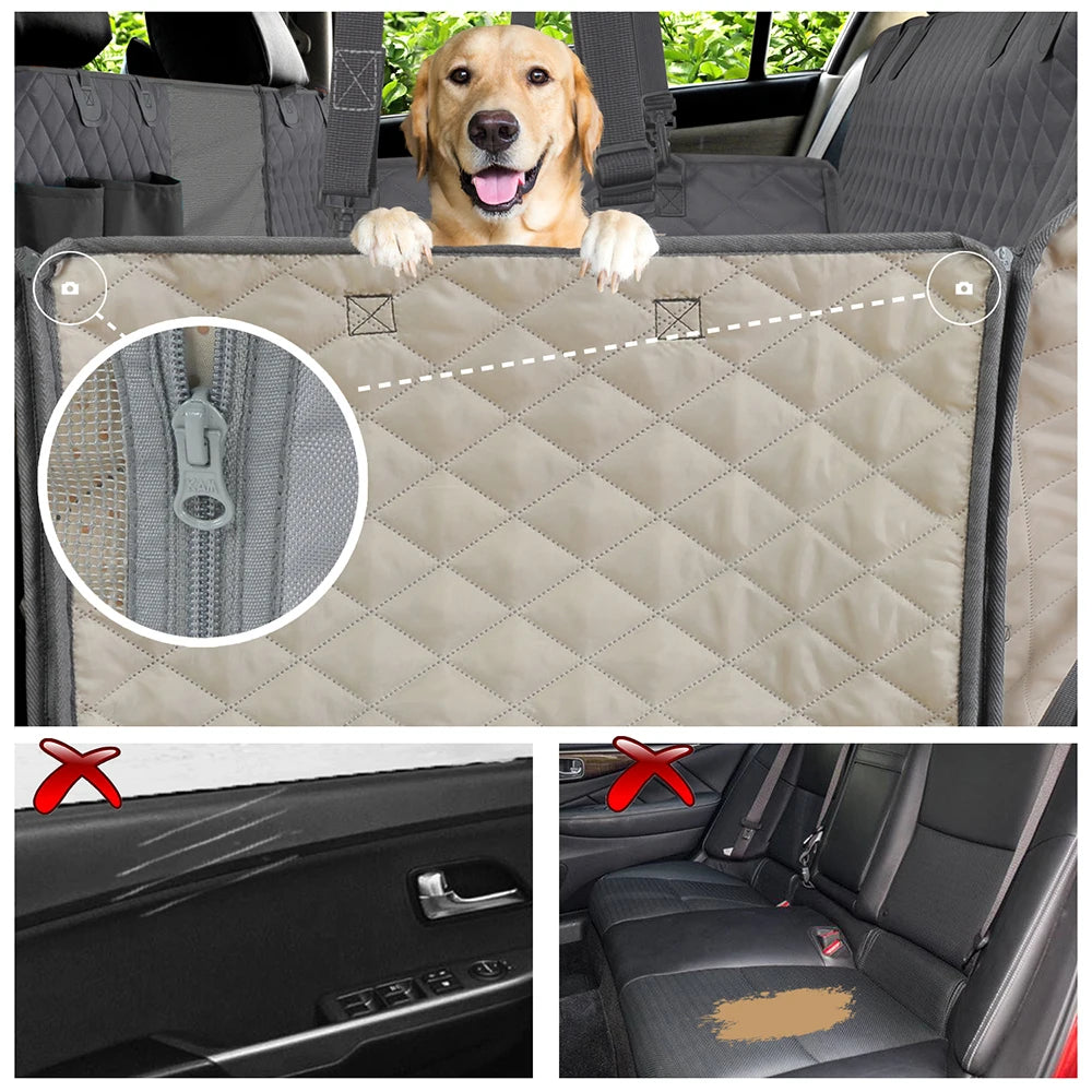 Car seat cover with a dog peeking over it, showing details like stitching and zipper, with insets of a close-up and a stained seat.