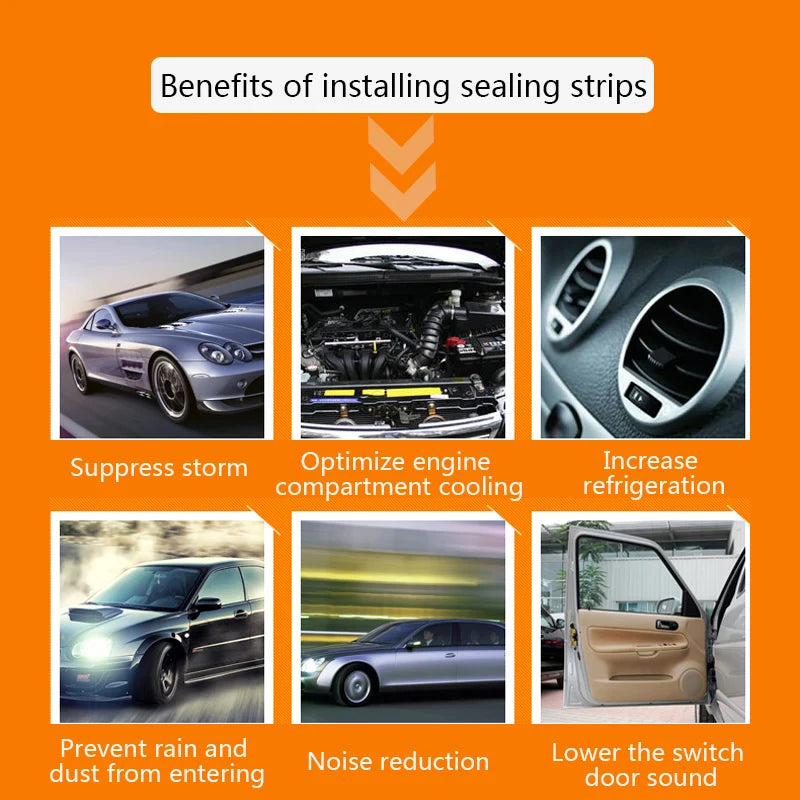 Benefits of installing sealing strips on a car, with images and text explaining suppression of storm, engine compartment cooling, refrigeration, rain and dust prevention, noise reduction, and switch door sound lowering.