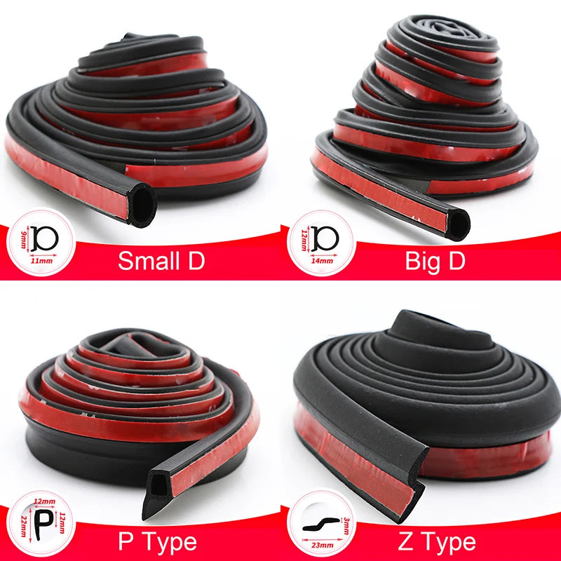 Four types of black and red rubber seals labeled 'Small D', 'Big D', 'P Type', and 'Z Type' on a white background.