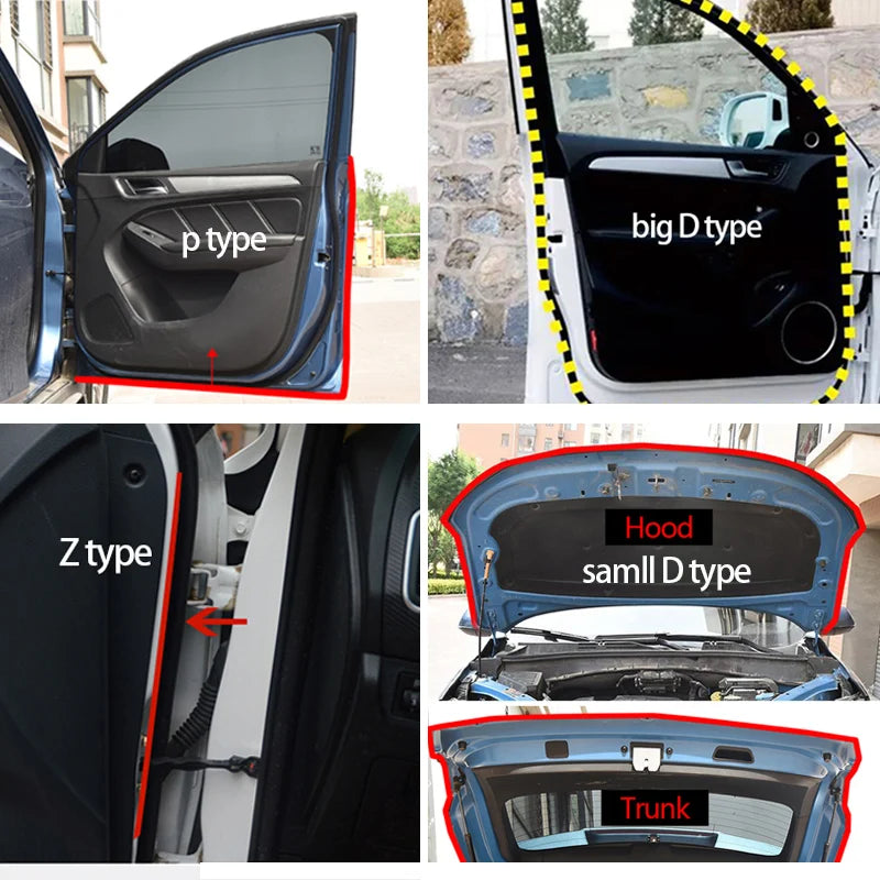 Collage of car door, hood, and trunk labels with different types.