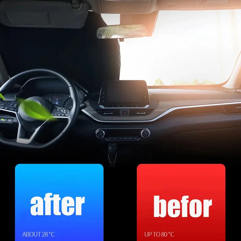 Car interior comparison before and after using a sunshade, showing temperature difference.