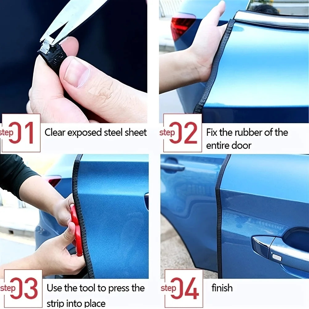 Step-by-step process of applying a car door wrap with text instructions.