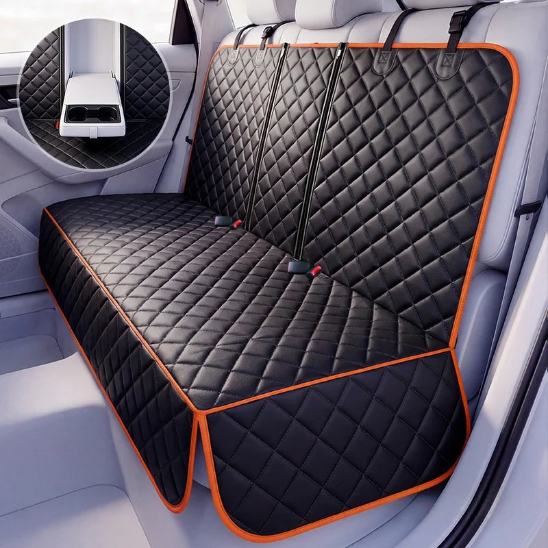 Car seat cover with diamond pattern and orange trim on a car seat