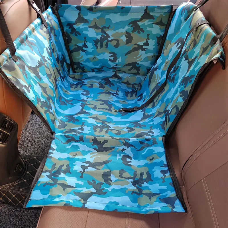 Blue camouflage car seat cover on a vehicle seat