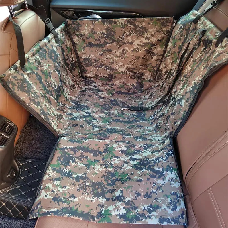 Camouflage car seat cover on a vehicle's back seat