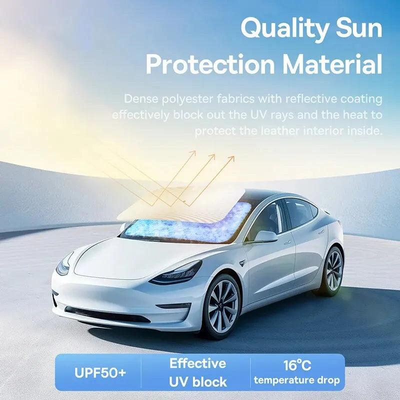 White car with sun protection material on the windshield, set against a clear blue sky.