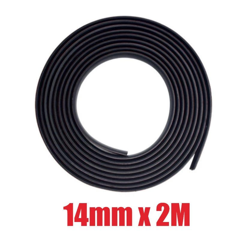 Coiled black rubber strip with dimensions '14mm x 2M' on a white background