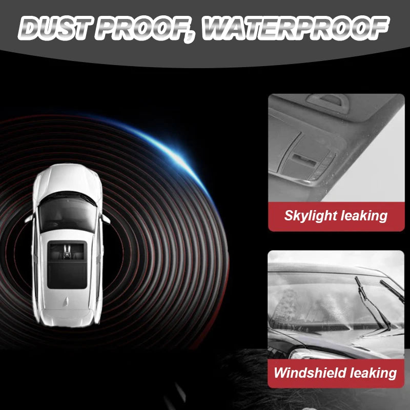Car with dust proof and waterproof features highlighted, showing examples of leaks.