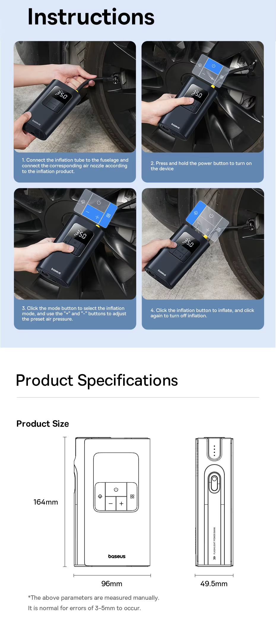 Instructions for using a device on a tire and product specifications including size measurements.