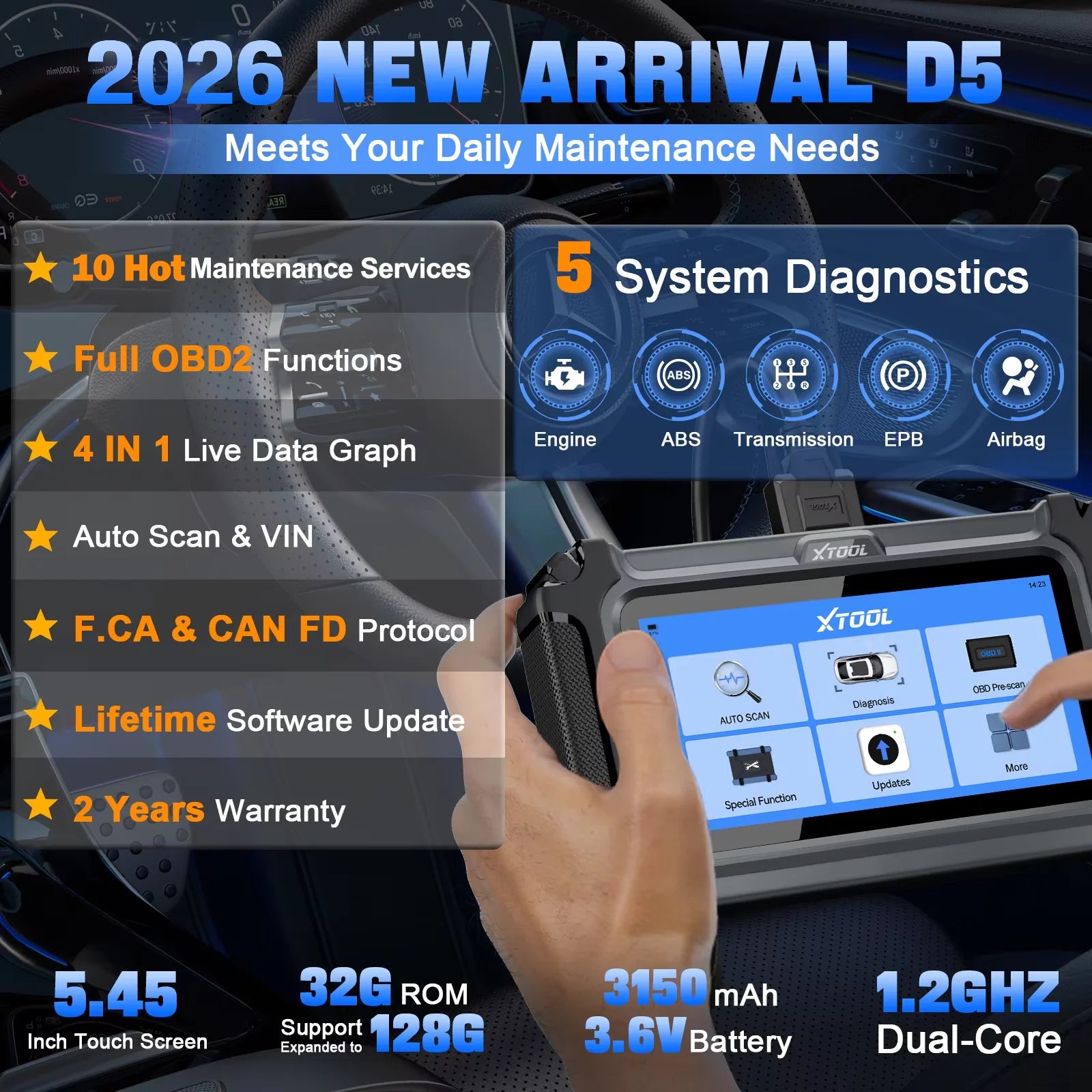 XTOOL D5 OBD2 Diagnostic Scanner with 10 Reset Services & 5-System Diagnostics