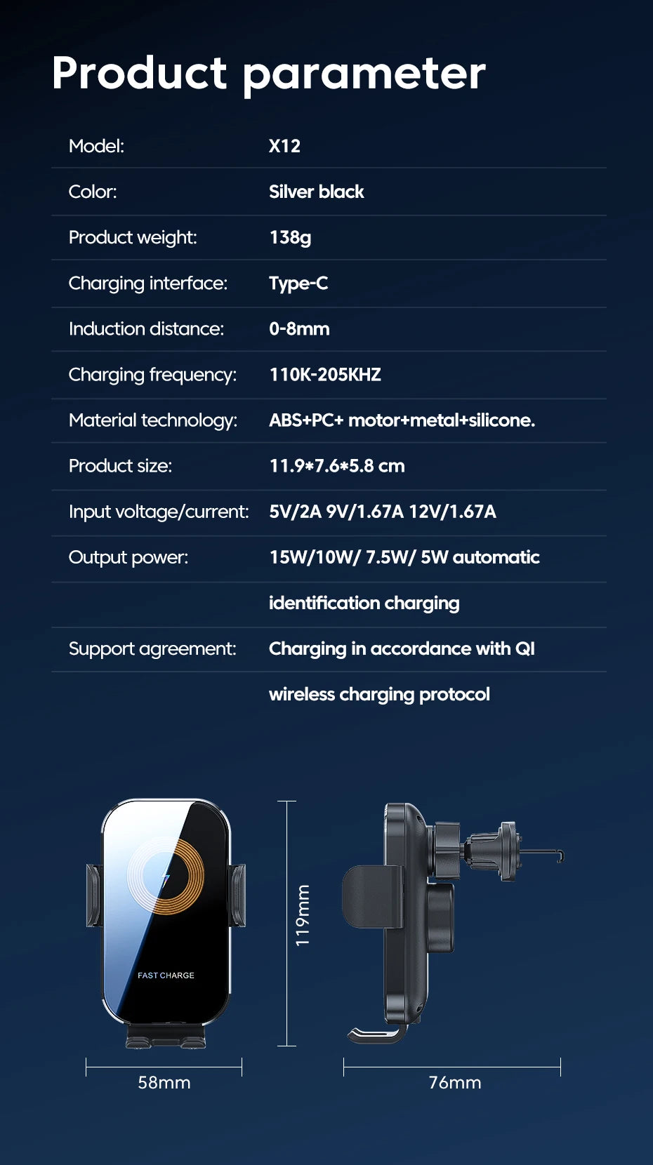Smart Auto-Clamping Wireless Car Charger Mount – 15W Fast Charging Phone Holder