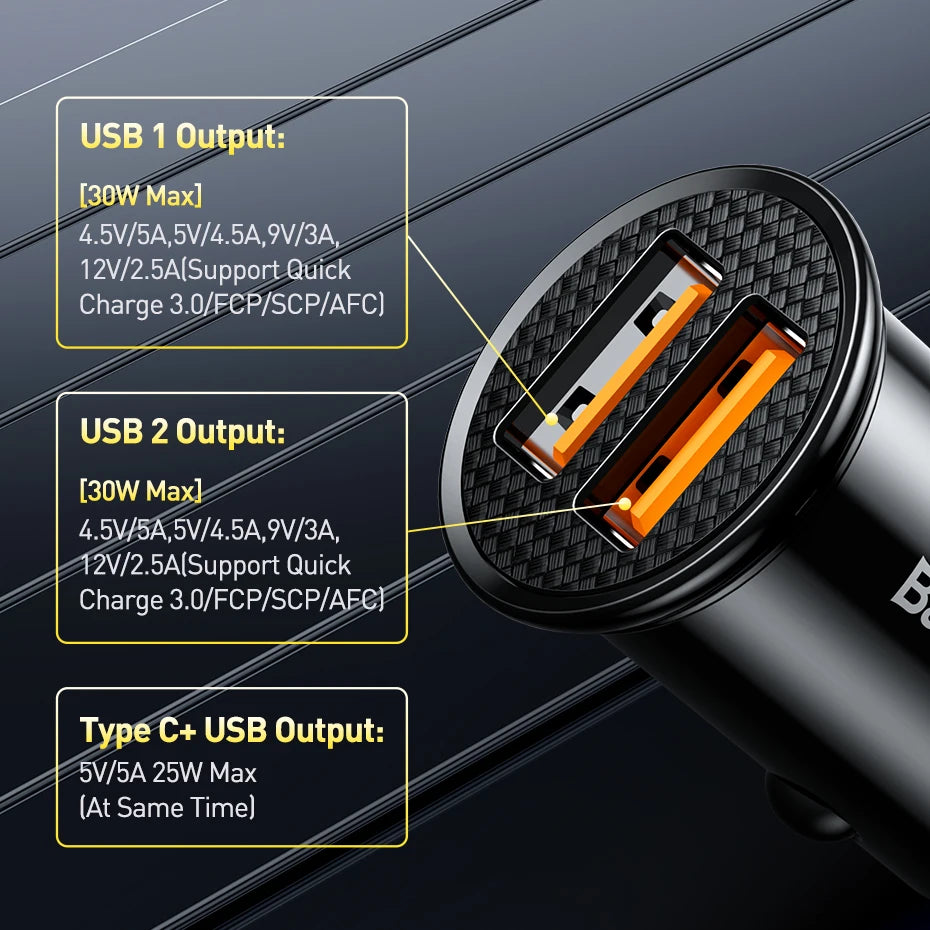Car charger with multiple USB outputs on a dark background