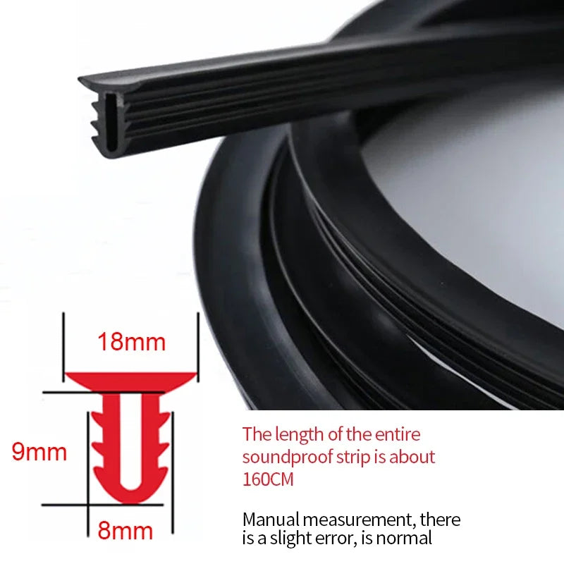 Black soundproof strip with measurements and text on a white background