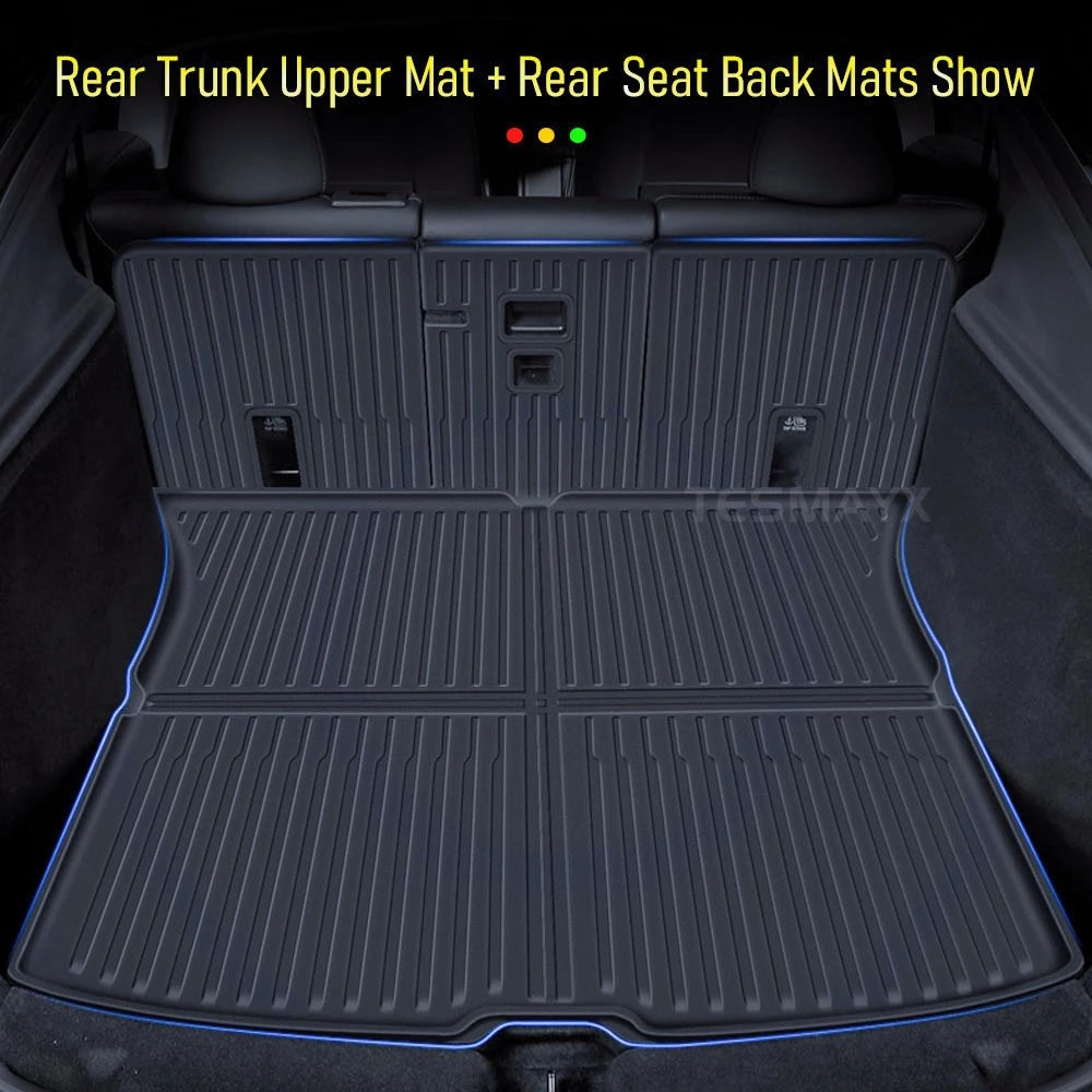 Car trunk with a black cargo mat and rear seat back mats showing text about product features.