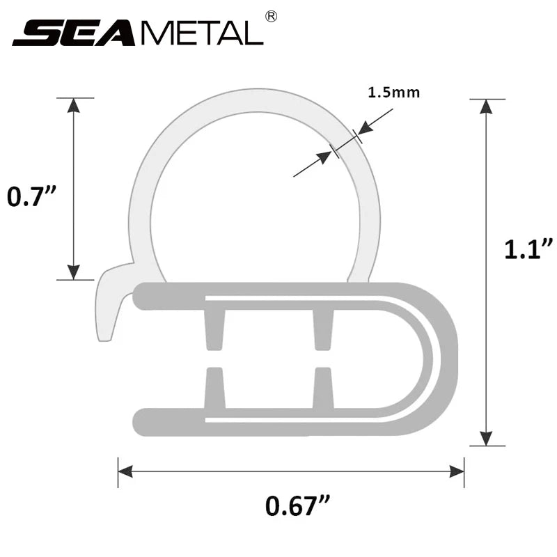 Measurement chart for a metal clip with dimensions labeled, featuring the Sea Metal brand.