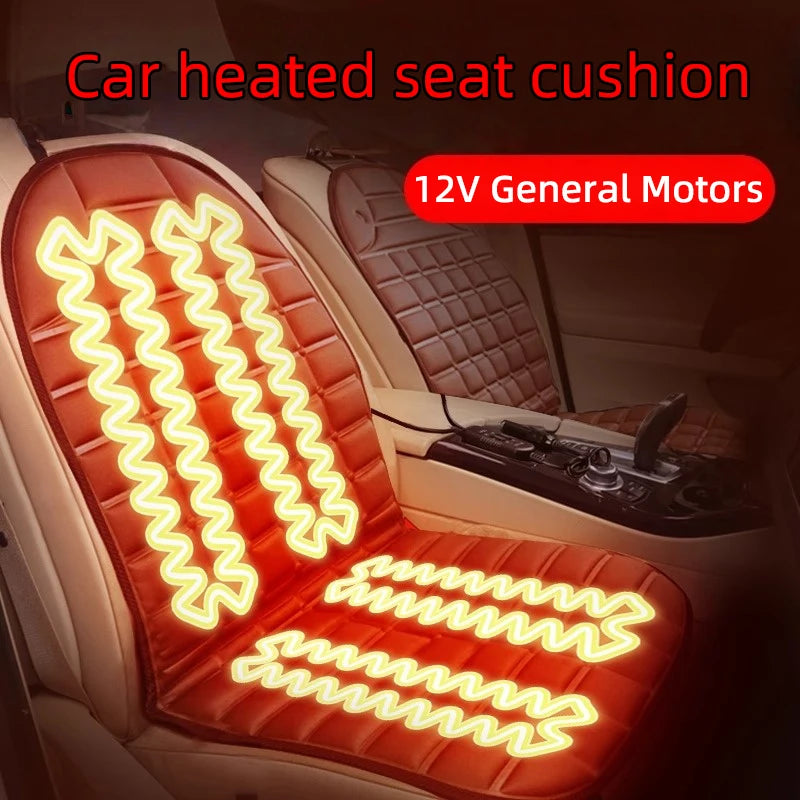 Car heated seat cushion with glowing heating elements on a car seat, labeled for 12V General Motors compatibility.