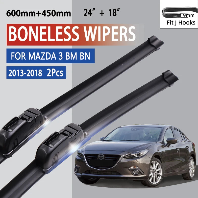 Boneless wipers for Mazda 3 BM BN with car image on gray background