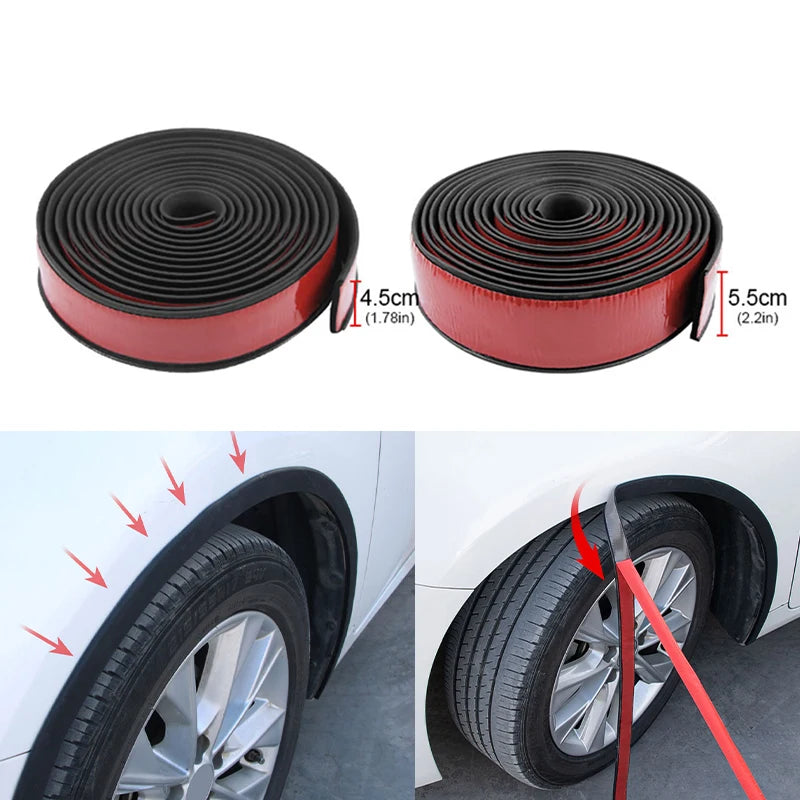 Two rolls of black and red tire sealant with measurements and application on a car tire.