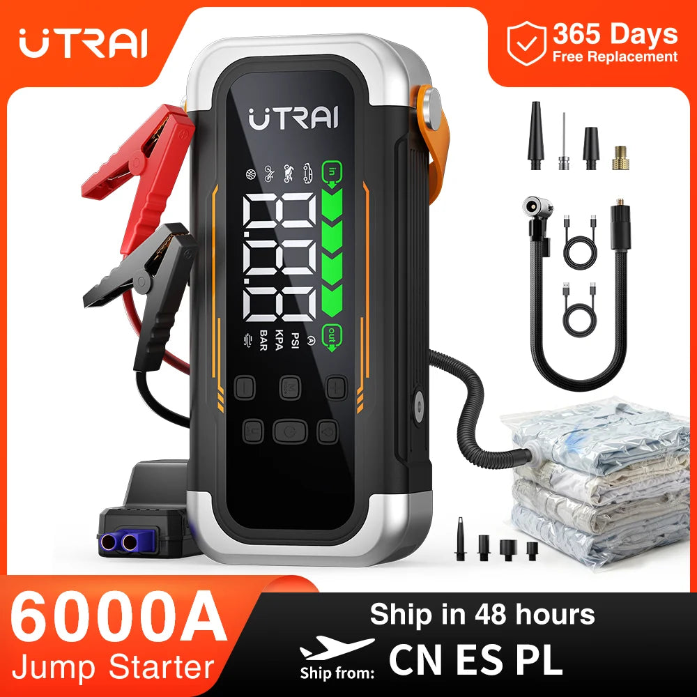 Utrai jump starter with accessories on a white background