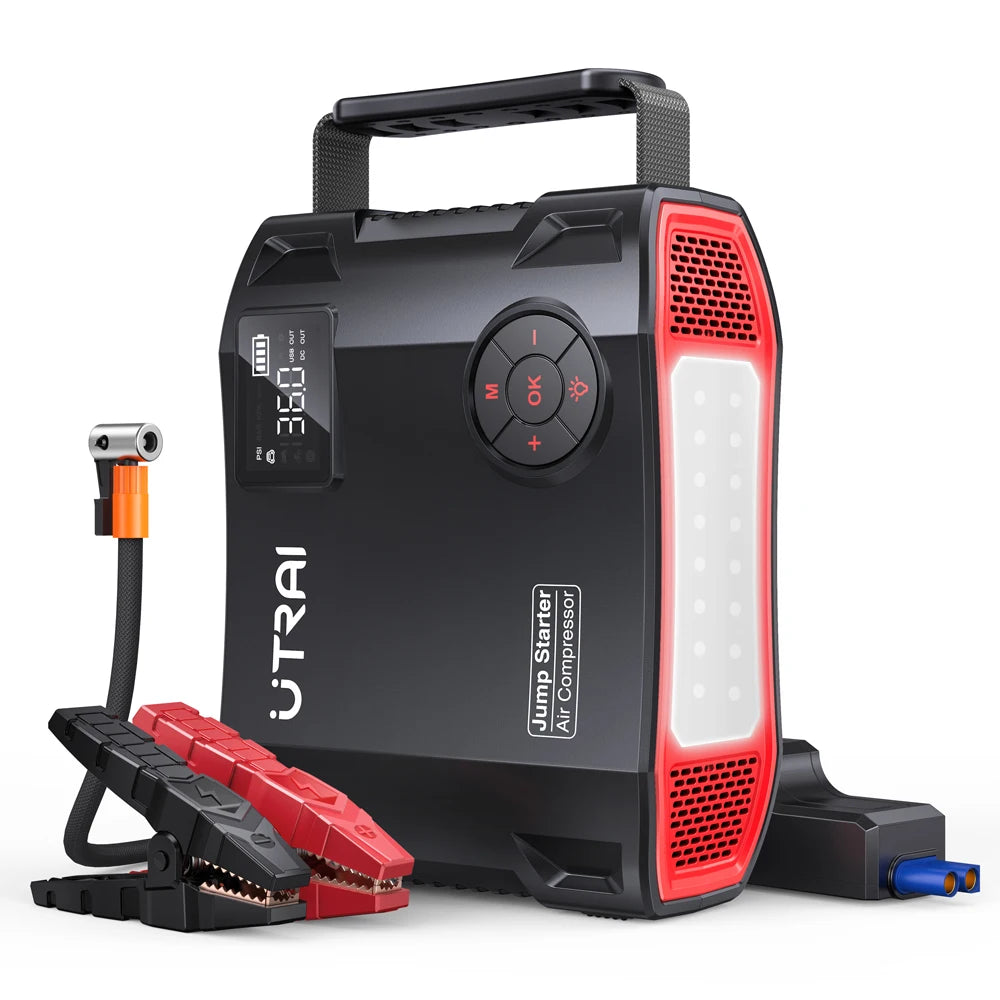 Black and red jump starter with air compressor on a white background