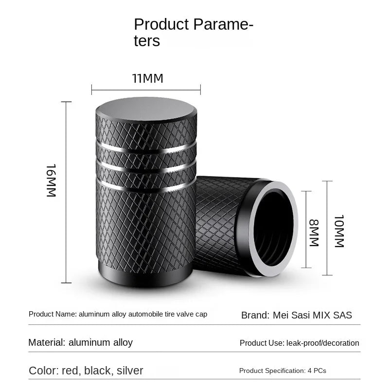Aluminum alloy automobile tire valve caps with dimensions and product parameters on a white background