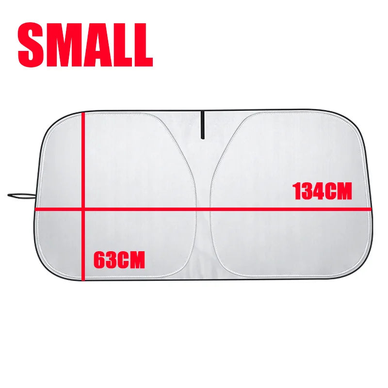 Car sunshade with dimensions 63cm x 134cm on a white background