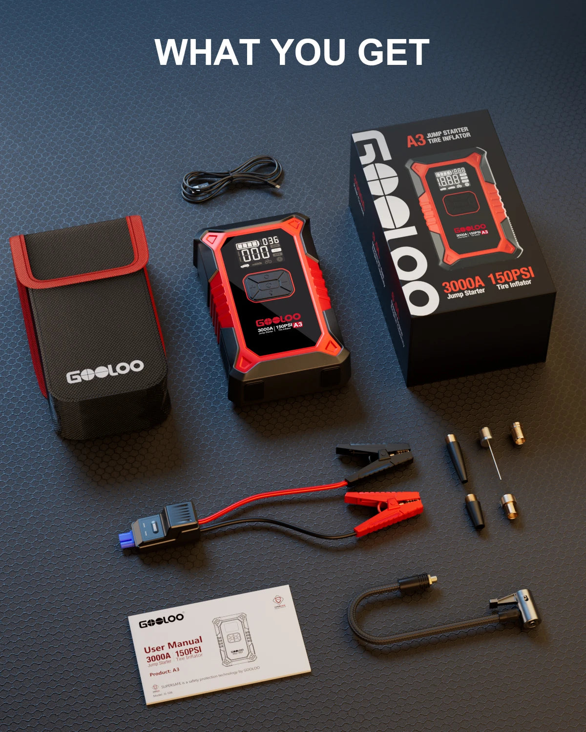 GOOLOO power bank, charger, and accessories on a dark surface with 'What You Get' text.
