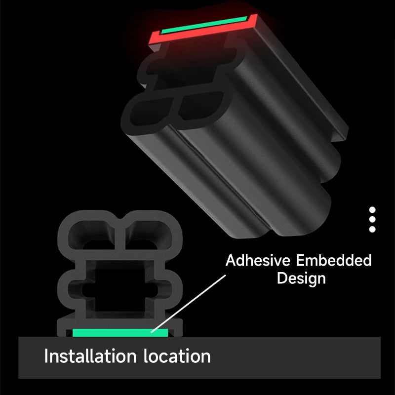 Illustration of adhesive embedded design with installation location on a black background