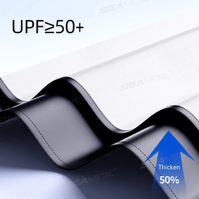Close-up of a seat cover with 'UPF≥50+' text and 'Thicken 50%' label on a white background.