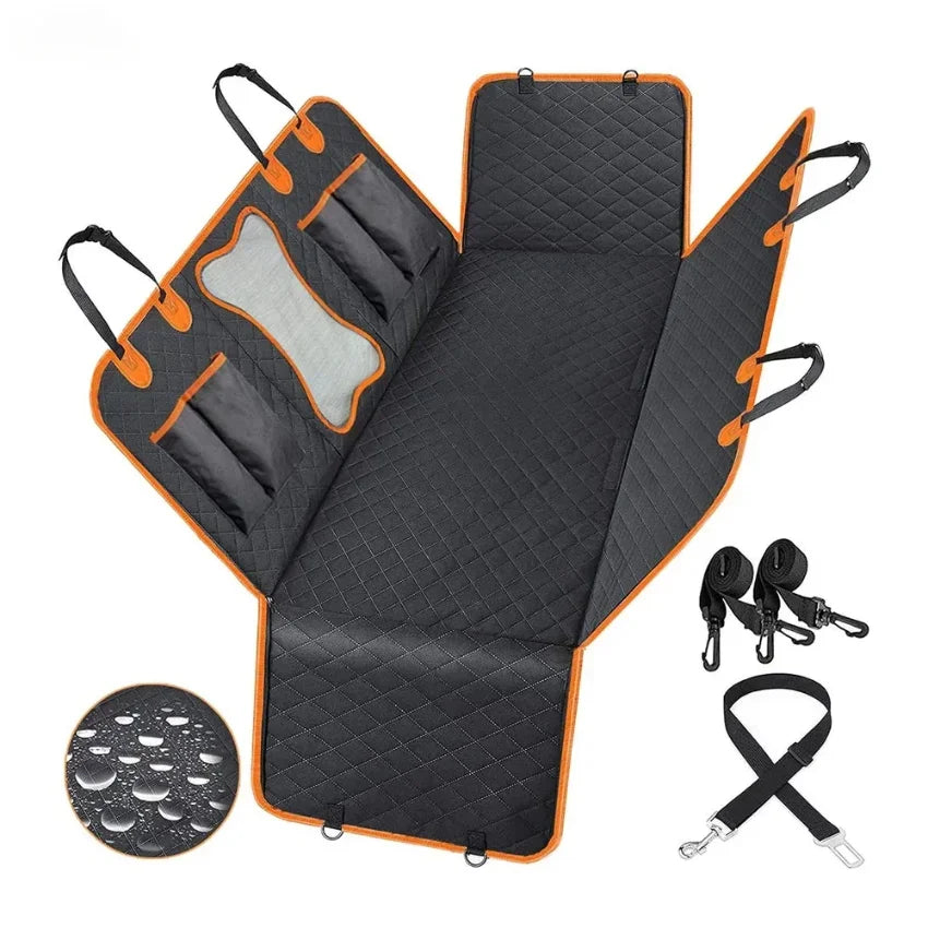 Black and orange pet car seat cover with accessories on a white background