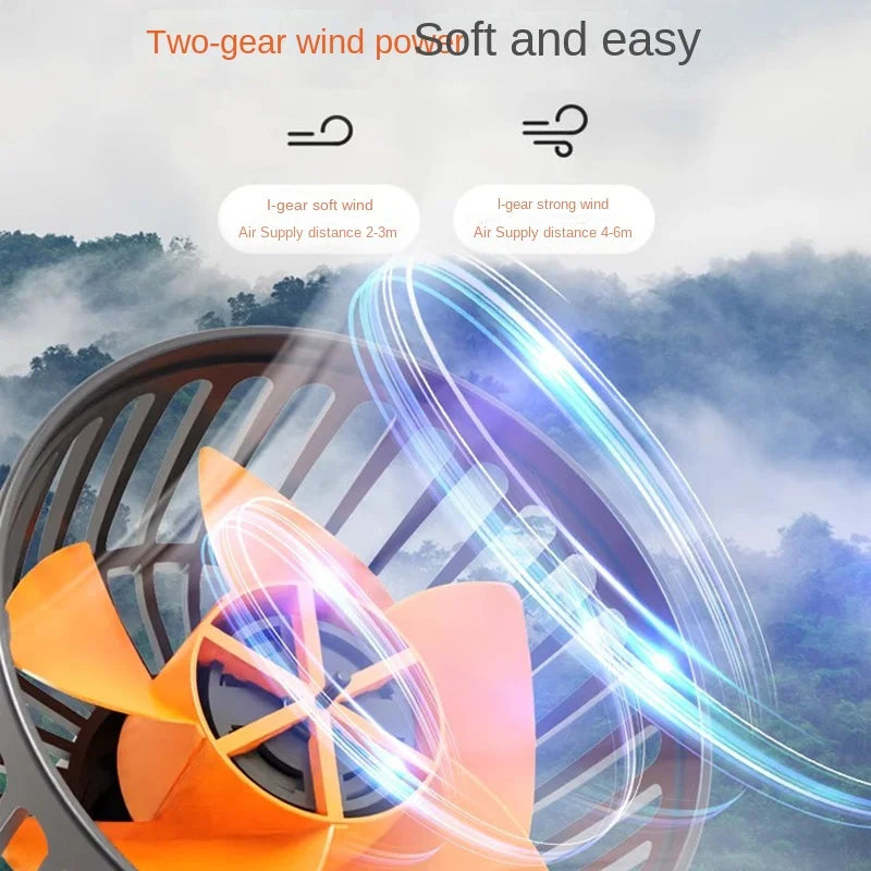 Fan with two-gear wind power system and air supply distances displayed against a scenic background.