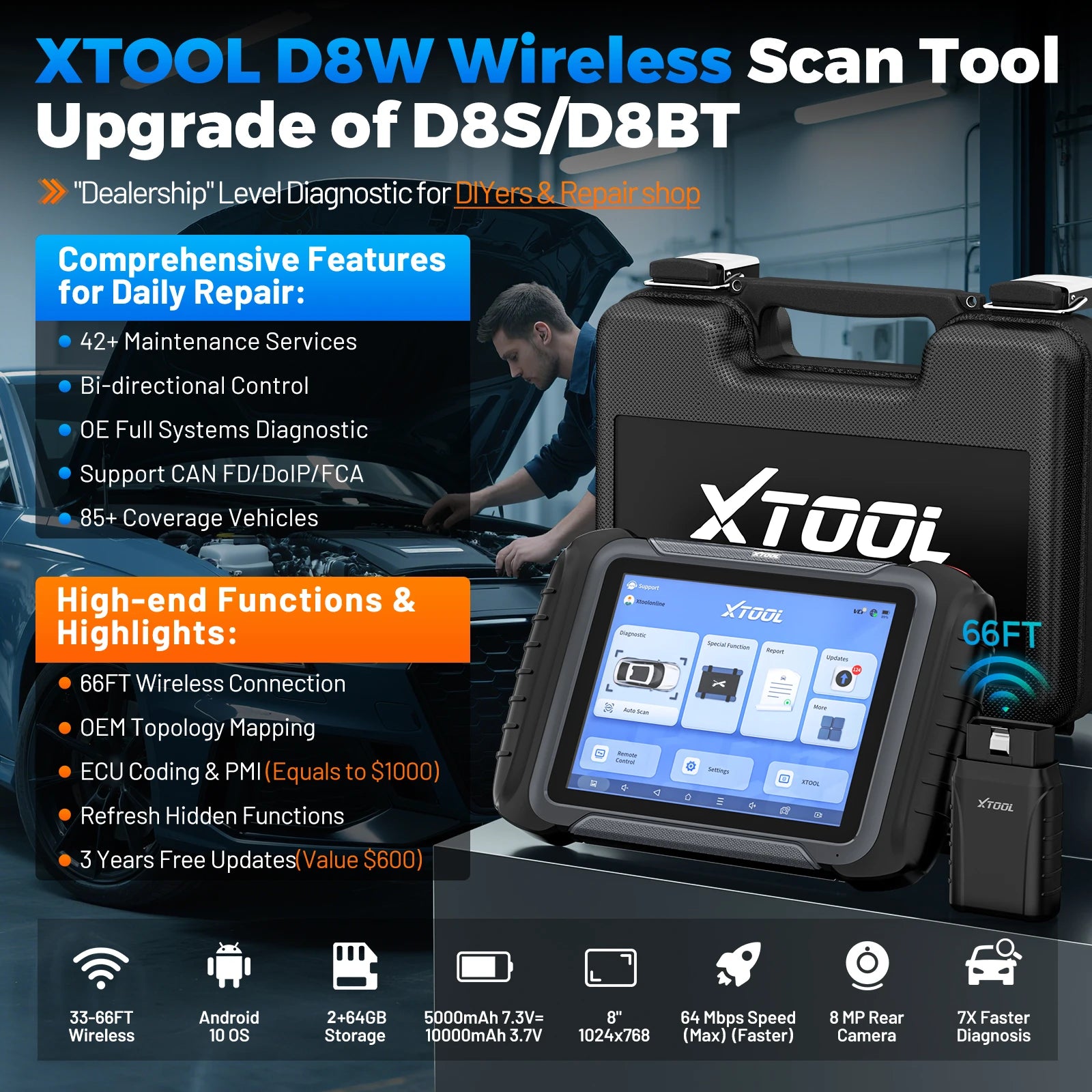 XTOOL D8W Wireless Bidirectional OBD2 Scanner with ECU Coding
