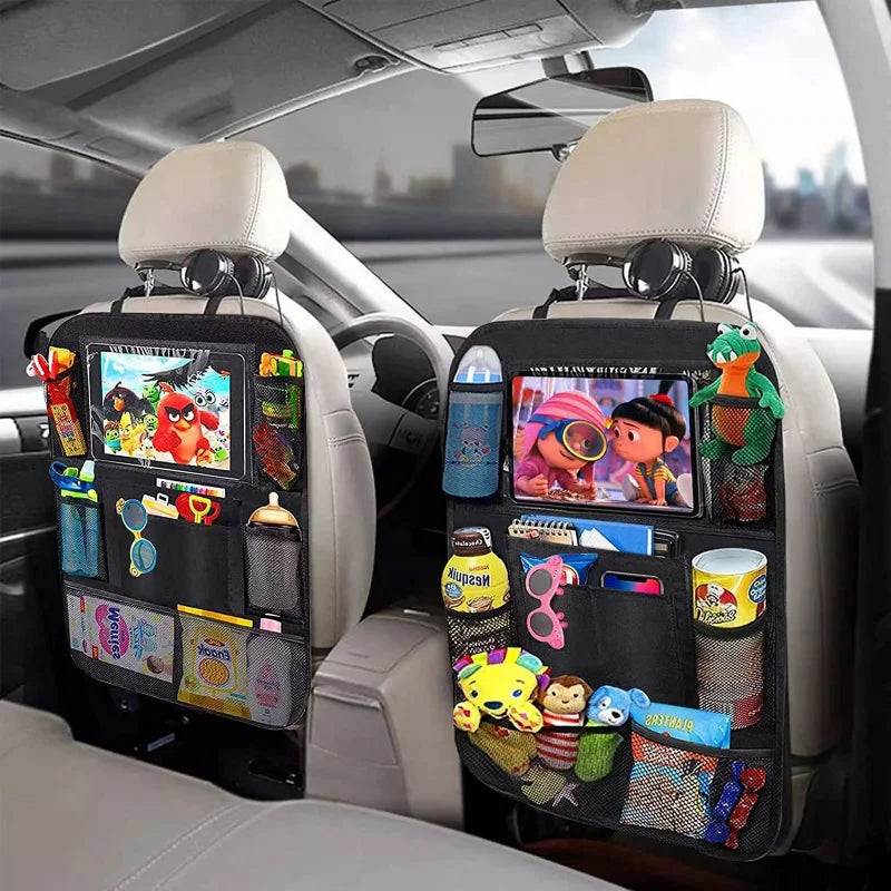 Car seat back organizers with toys and snacks in a vehicle