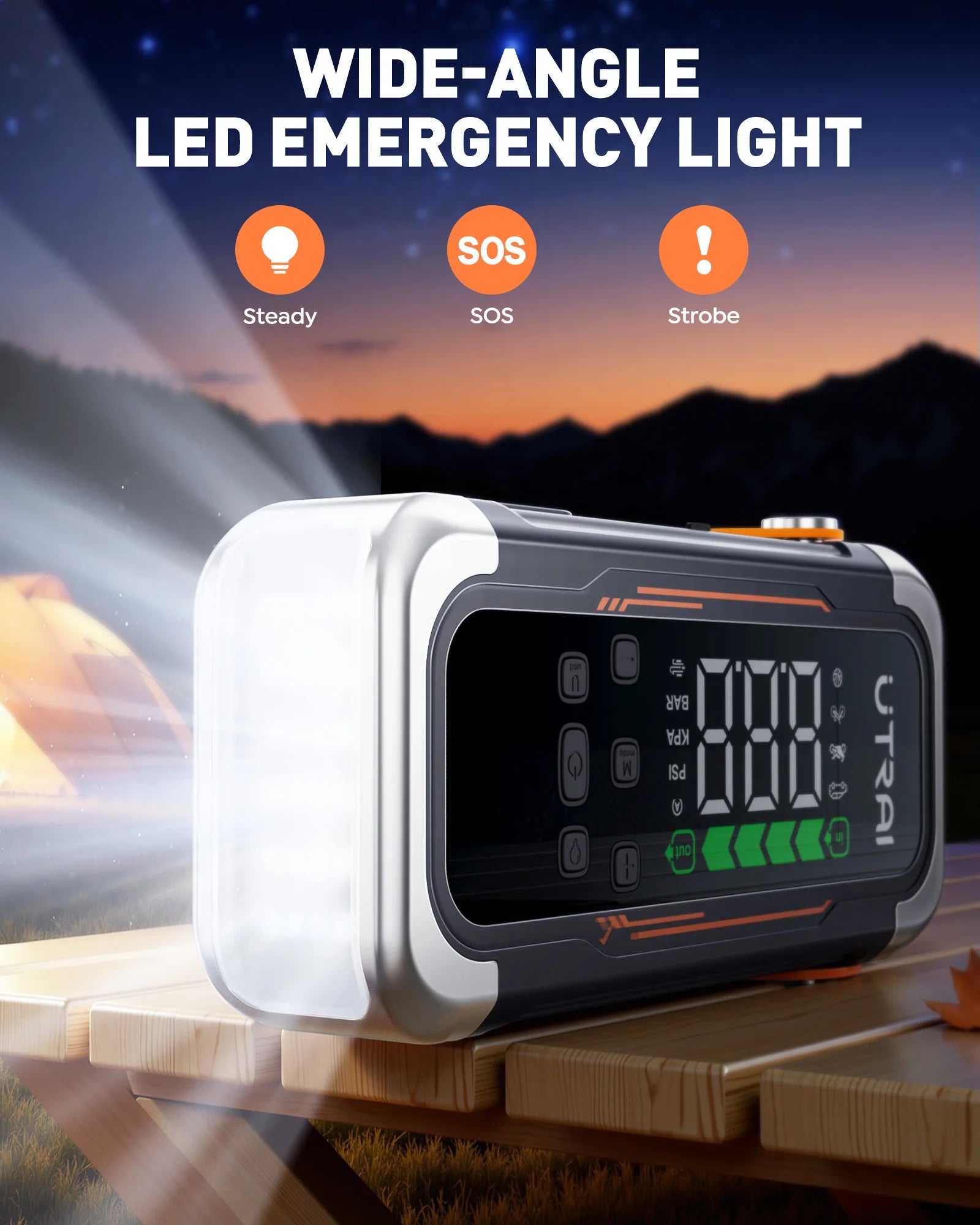 Wide-angle LED emergency light with digital display and light beam illustration on a mountain background