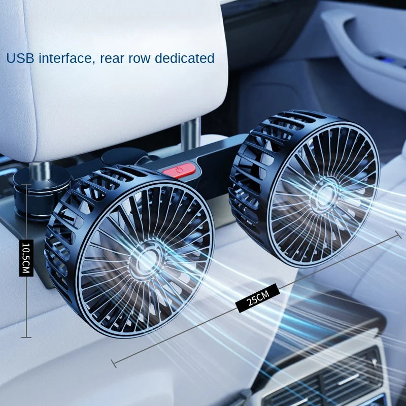 Two car fans mounted on a car's dashboard with measurements and text indicating USB interface and dedicated rear row.