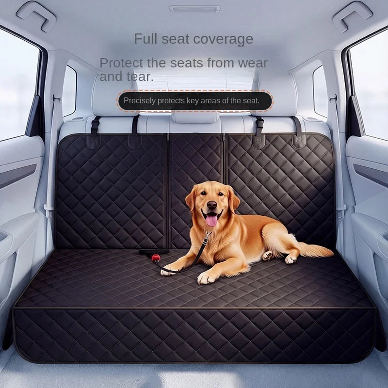 Dog sitting on a black car seat cover in a vehicle, with text highlighting the product's features.