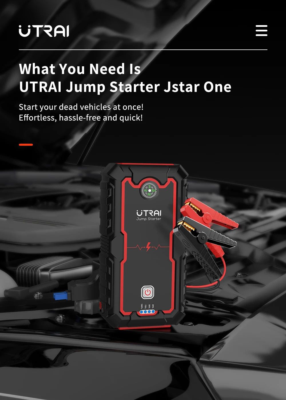 UTRAI jump starter on a car battery with promotional text.