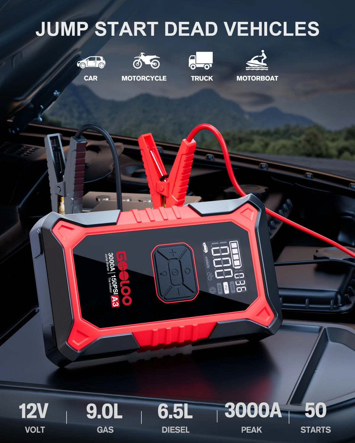 Jump starter device on a car's open hood with mountain background