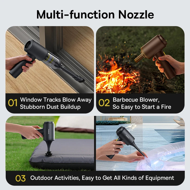 Multi-function nozzle with various uses including cleaning windows, starting fires, and cleaning pool equipment.