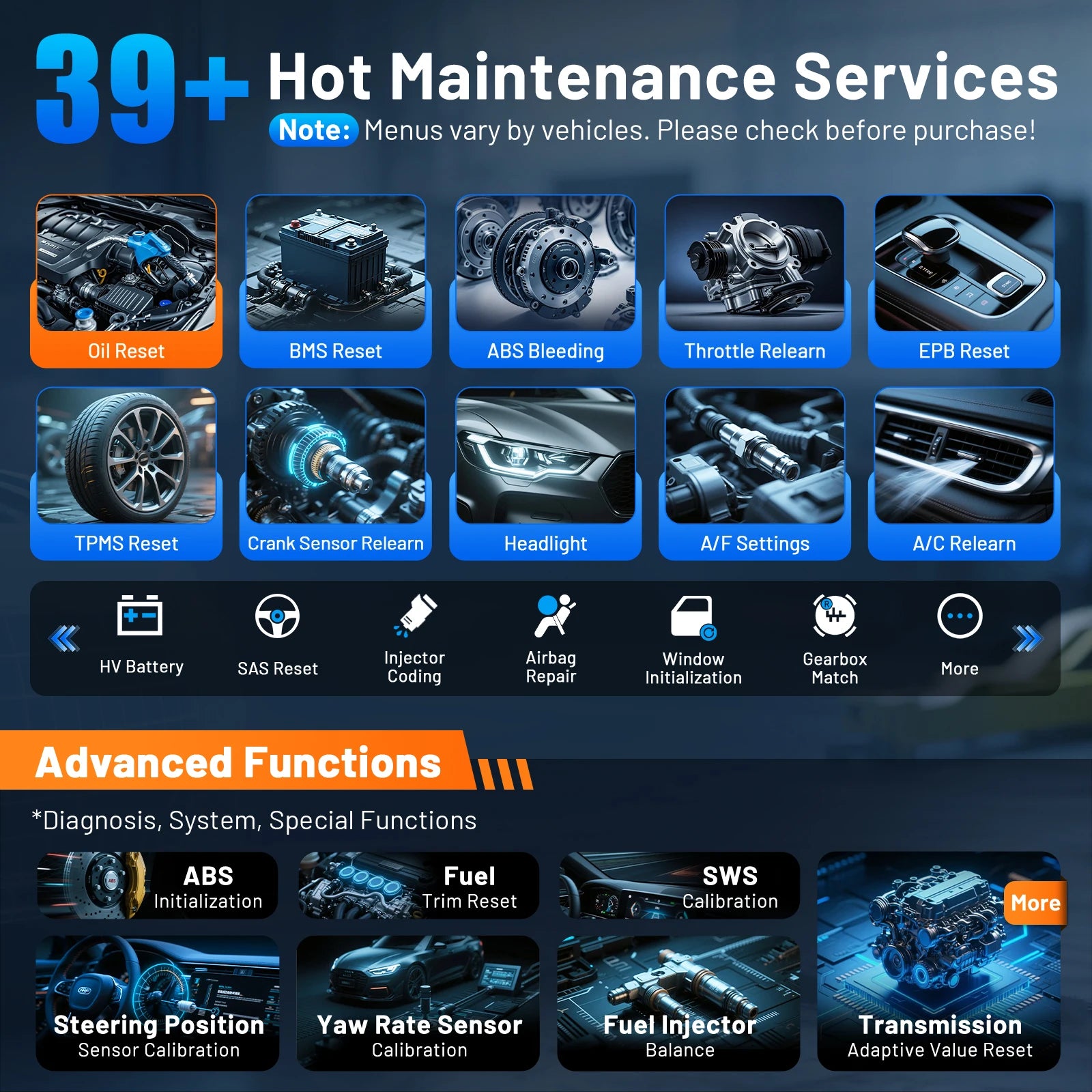 List of car maintenance services with icons and descriptions on a dark background