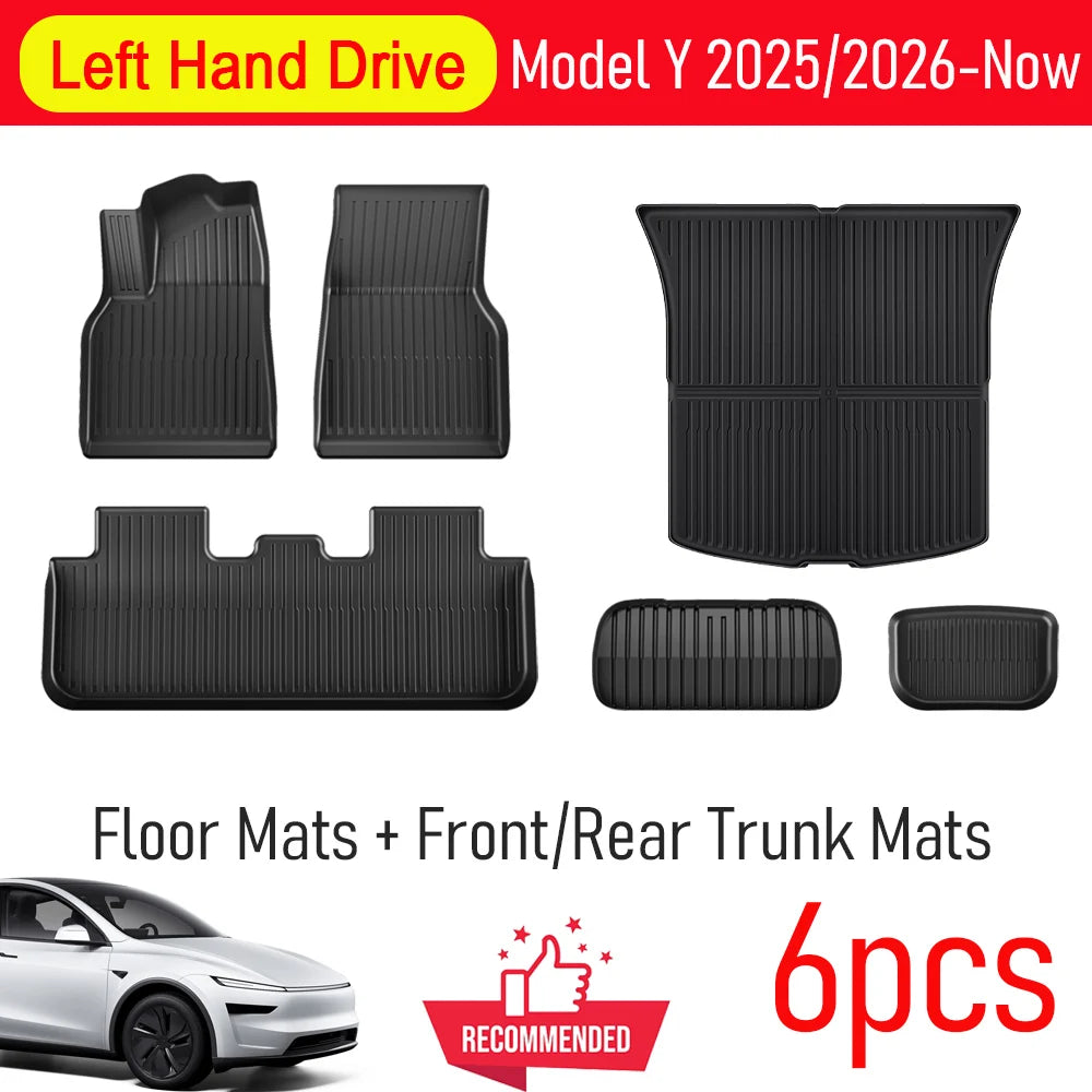 Set of car floor mats and trunk mats with text indicating model compatibility and quantity.