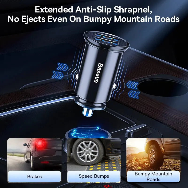 Car charger with text on anti-slip shrapnel performance, displayed in a car interior.