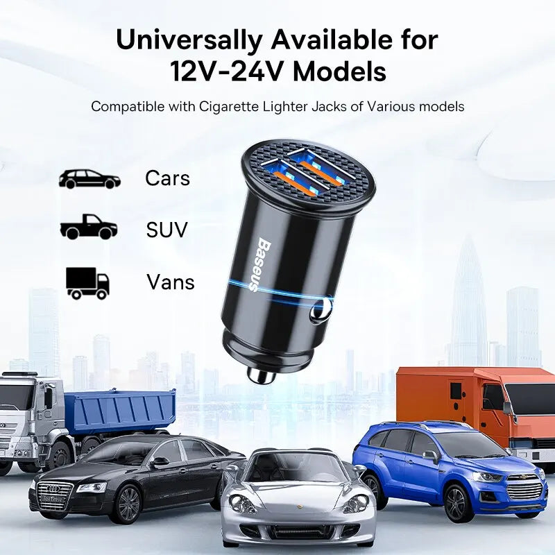 Car charger compatible with various vehicles on a cityscape background