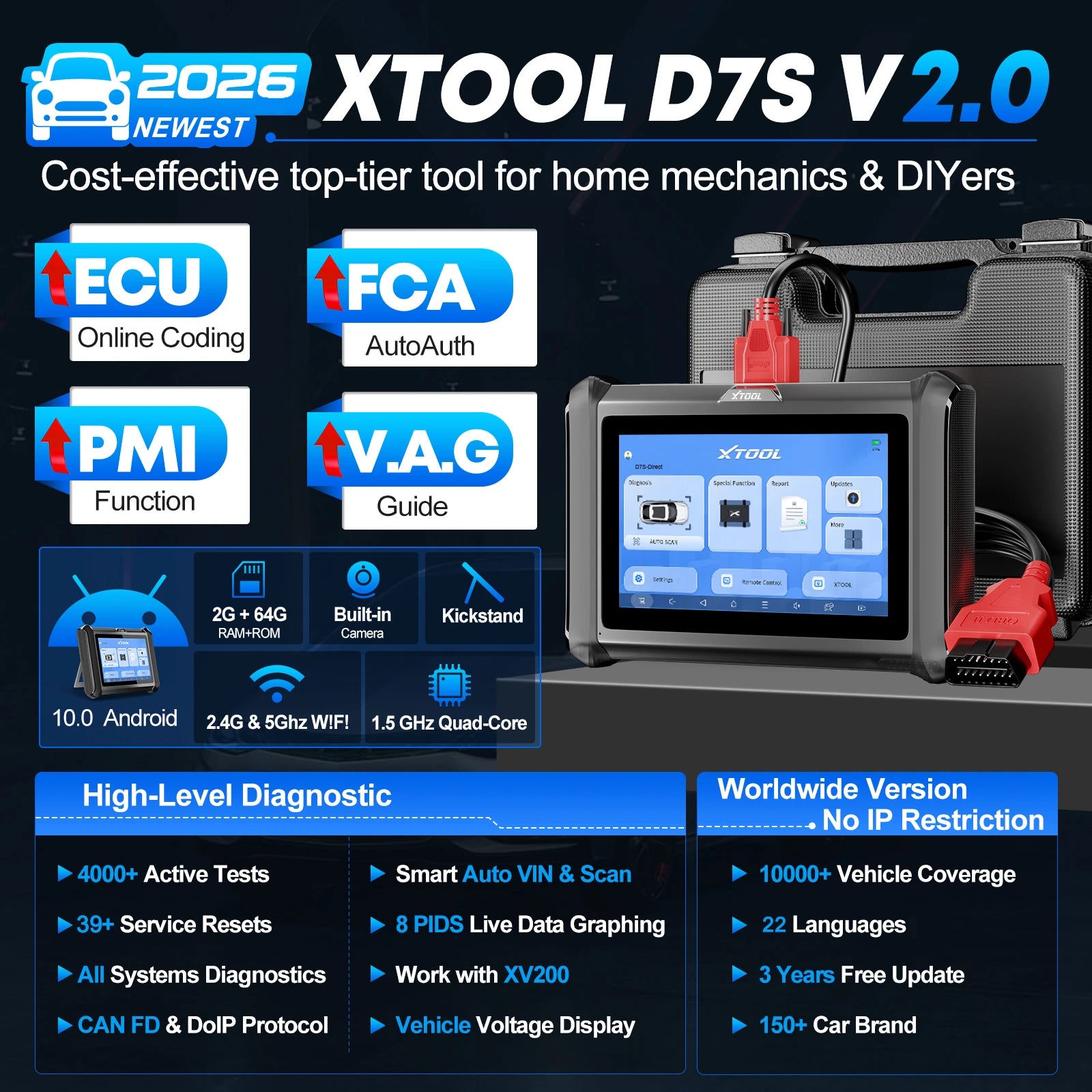 XTOOL D7S Bidirectional OBD2 Scanner with ECU Coding & 39+ Reset Services