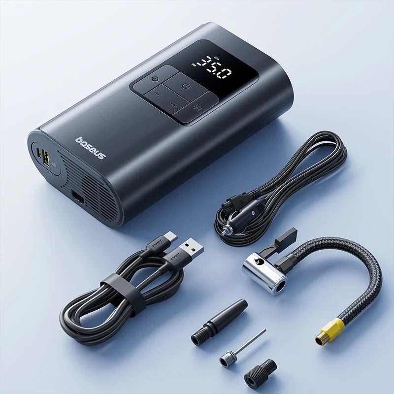 Baseus car air compressor with cables and nozzles on a light blue background