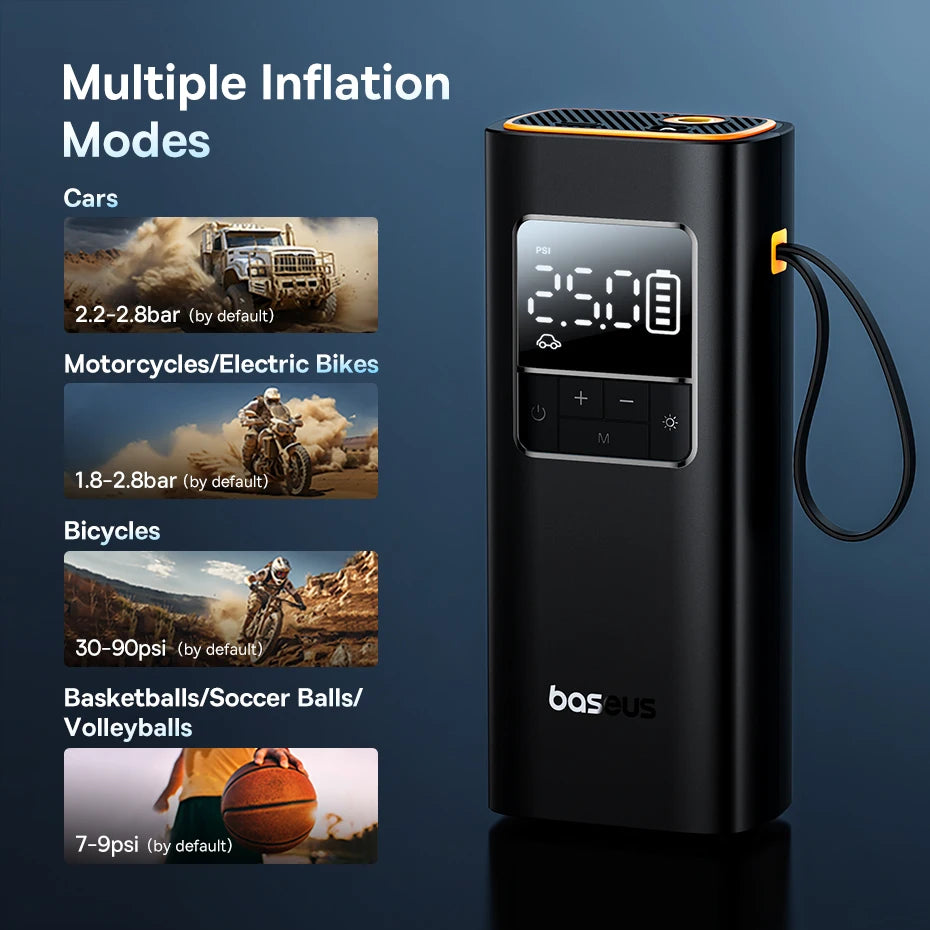 Black electronic device with digital display on a blue background, featuring inflation modes for various vehicles.