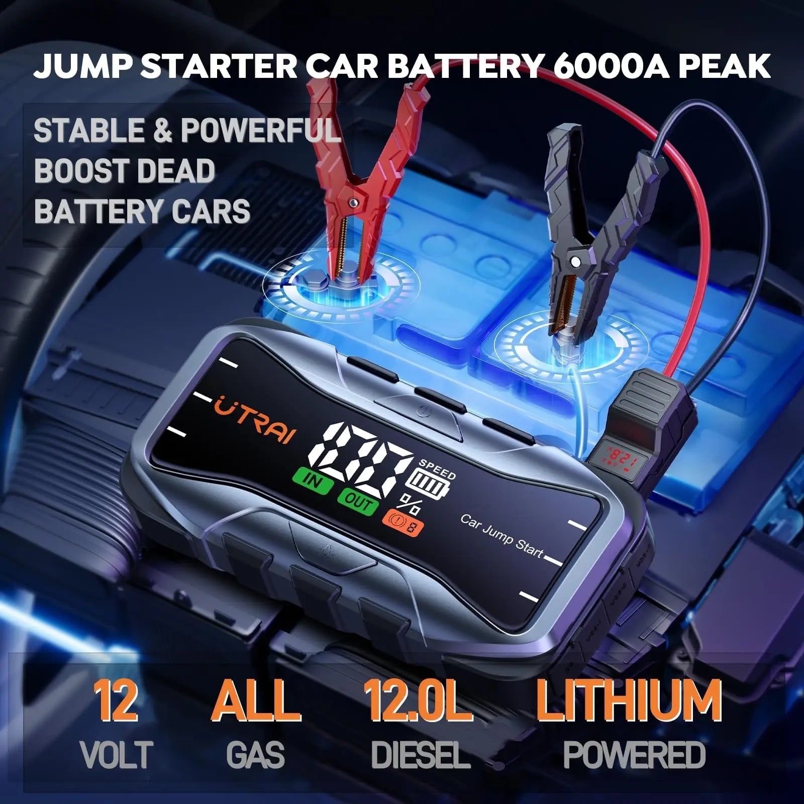 Jump starter car battery charger with digital display and clamps on a dark background